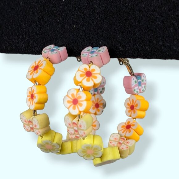 Jewelry - (2/$20) Colourful Floral Beaded Hoop Earrings